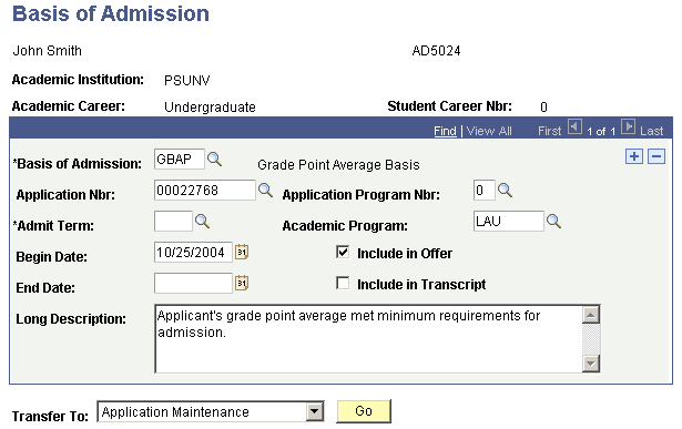 Basis of Admission page