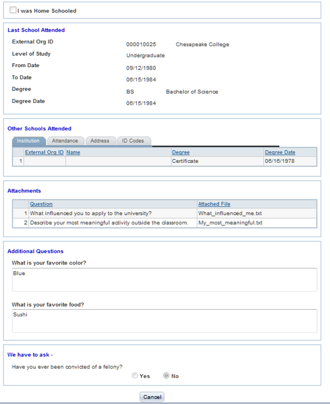 Application View page (3 of 3)