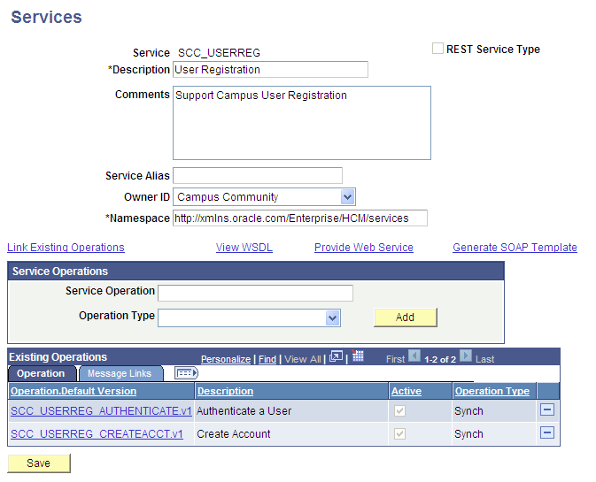 The two service operations of SCC_USERREG service