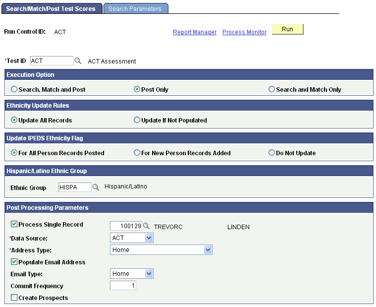 Search/Match/Post Test Scores page