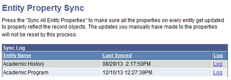 Entity Property Sync page (1 of 2) - Prospect/Admissions Data Load example