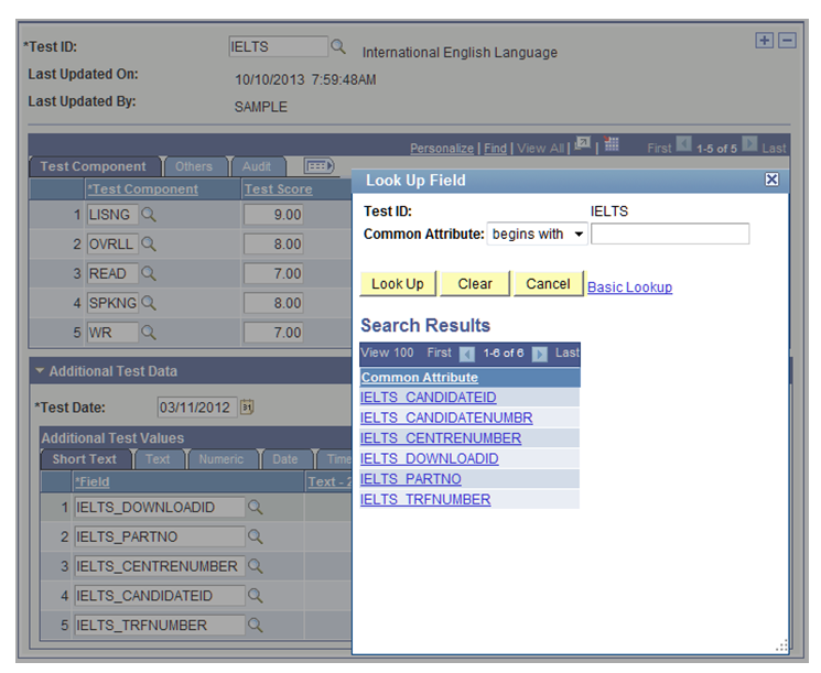 Example of filtering based on Test ID in the Academic Information page