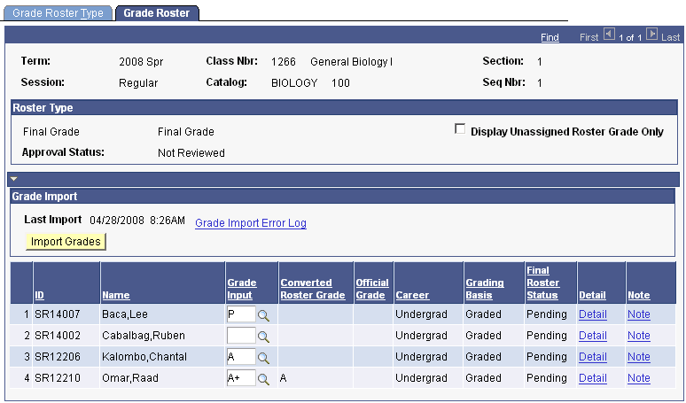 Grade Roster page