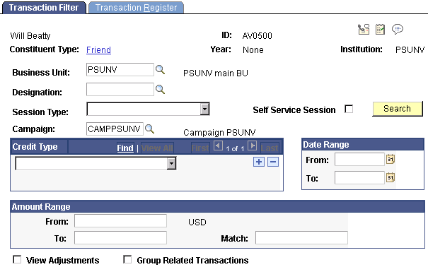 Transaction Filter page