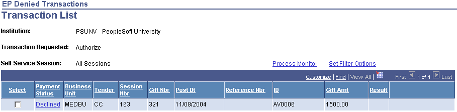 EP (Electronic Payment) Denied Transactions - Transaction List page