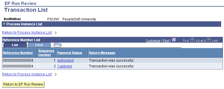 EP (Electronic Payment) Run Review - Transaction List page: Reference Number List