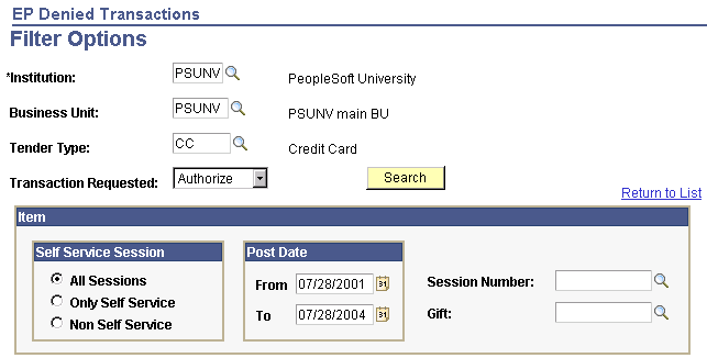 EP (Electronic Payment) Denied Transactions - Filter Options page