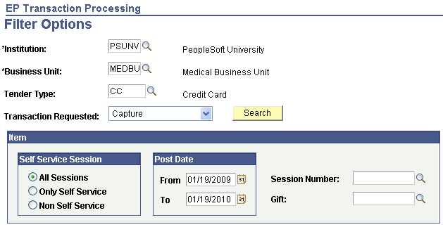 EP (Electronic Payment) Transaction Processing - Filter Options page