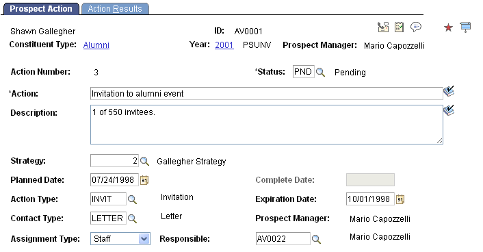 Prospect Action page (1 of 2)