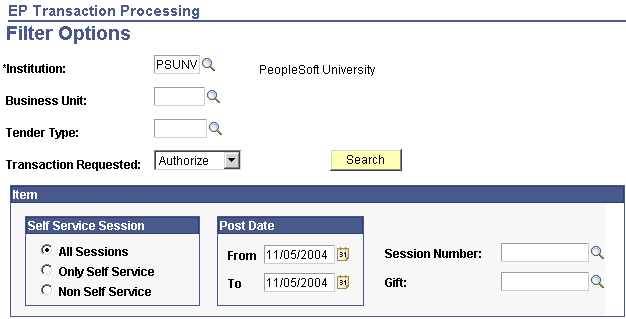 EP Transaction Processing - Filter Options page