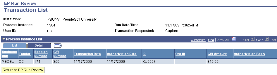 EP (Electronic Payment) Run Review - Transaction List page: Detail tab