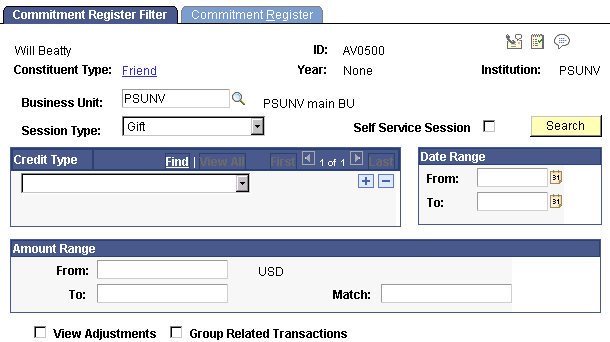 Commitment Register Filter page