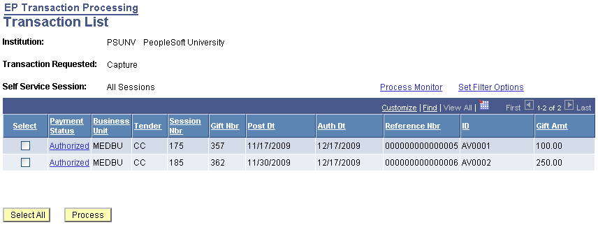 EP (Electronic Payment) Transaction Processing - Transaction List page