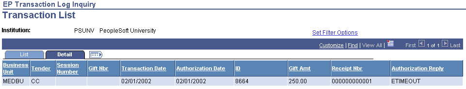 EP (Electronic Payment) Transaction Log Inquiry - Transaction List page: Detail tab