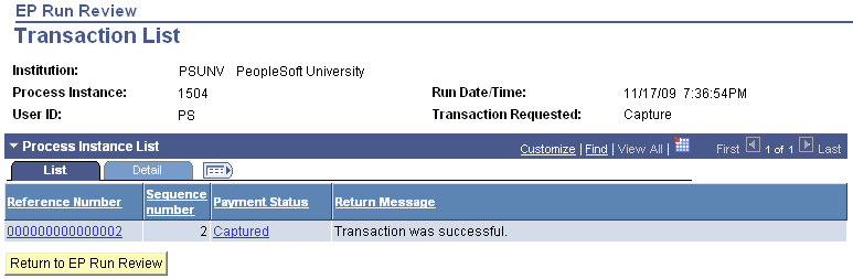 EP (Electronic Payment) Run Review - Transaction List page: List tab