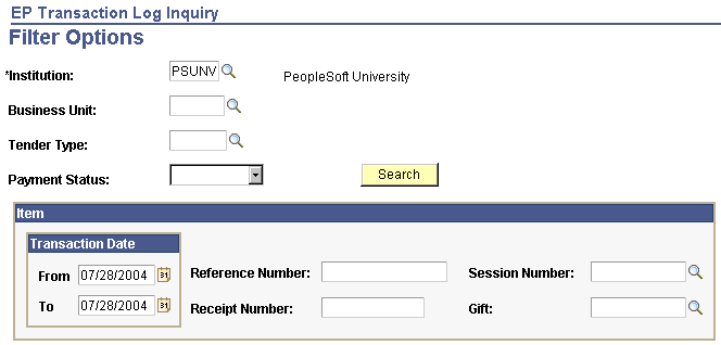 EP Transaction Log Inquiry - Filter Options page