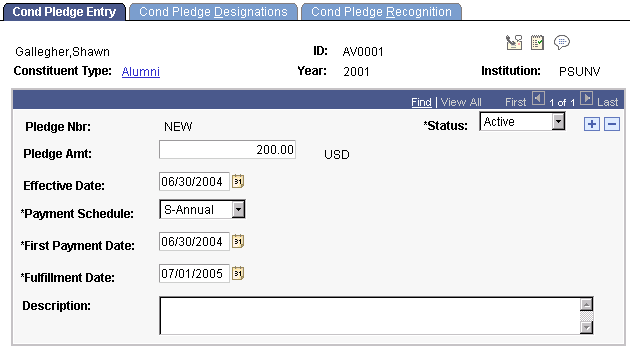 Cond Pledge Entry page