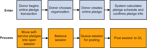 Overview of the life cycle of online pledging, including details for enter and process steps