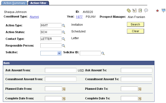 Action Filter page