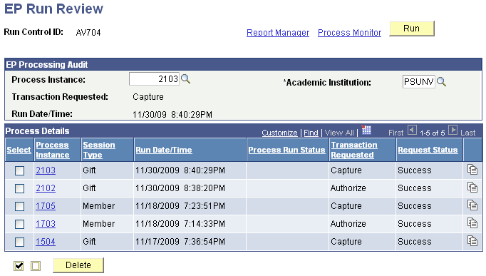 EP (Electronic Payment) Run Review page