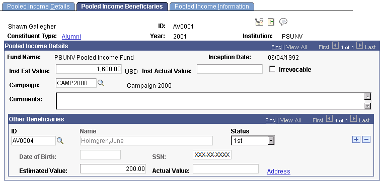 Pooled Income Beneficiaries page