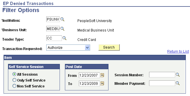 EP (Electronic Payment) Denied Transactions - Filter Options page