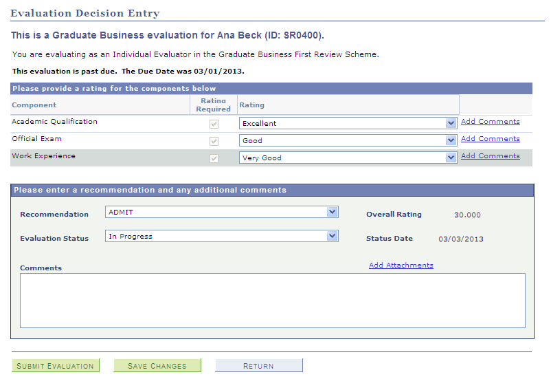 Example of Evaluation Decision Entry page for an Individual Evaluator