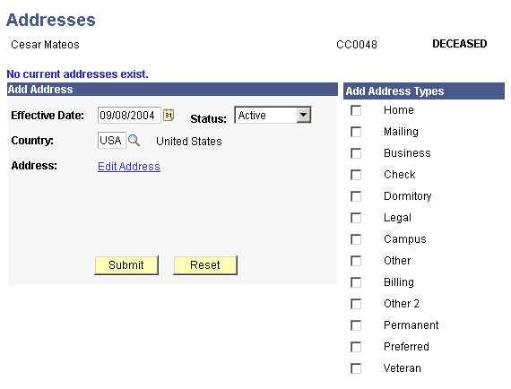 Example of the Addresses page with the Deceased indicator displayed