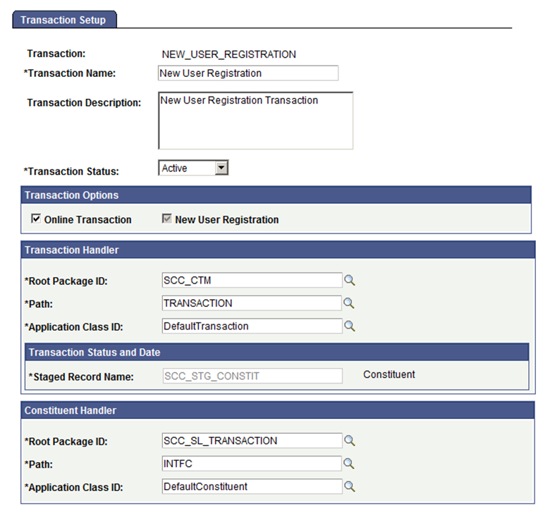 Transaction Setup page: New User Registration transaction
