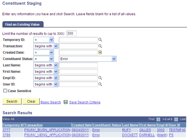 Example of how to search for the Temporary IDs that have a Constituent Status of Error