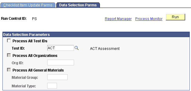 Data Selection Parms (parameters) page