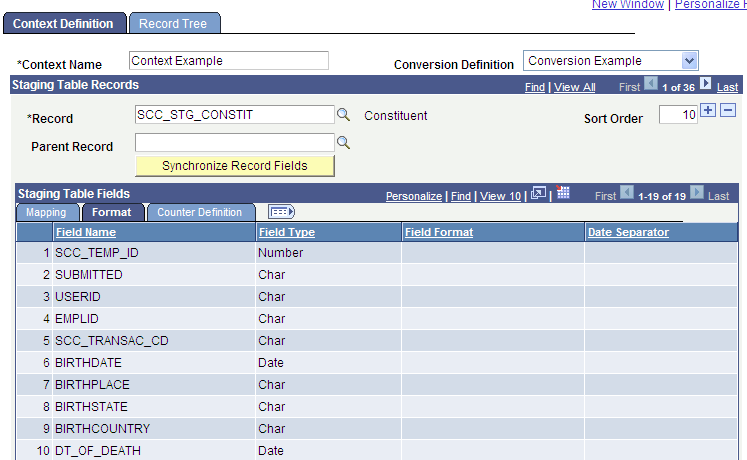 Context Definition page - Format tab (1 of 2)