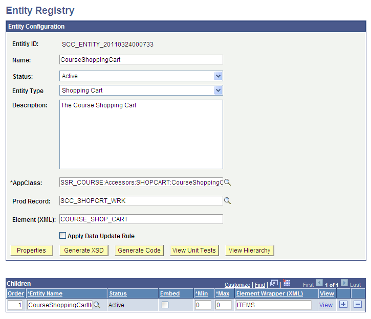 Configuration example of a parent entity (CourseShoppingCart)