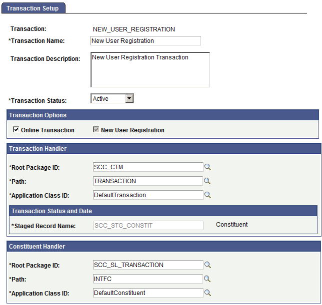 Transaction Setup page - New User Registration