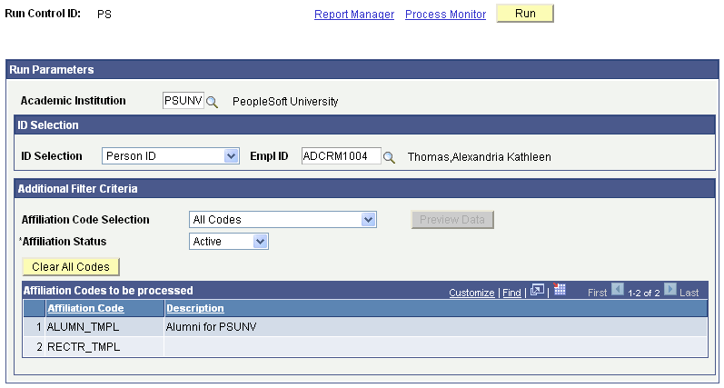 Affiliation Select Delete Processing page