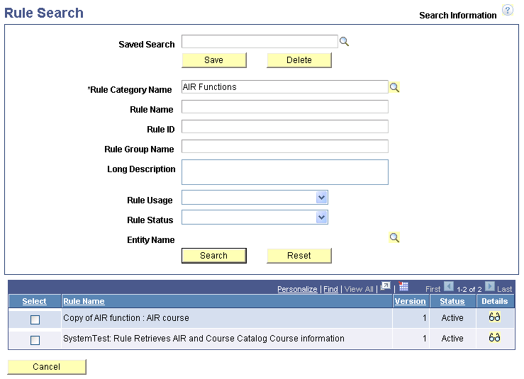 Rule Search Options page