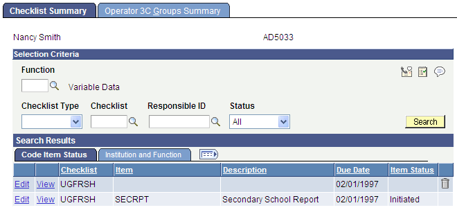 Checklist Summary page: Code Item Status tab