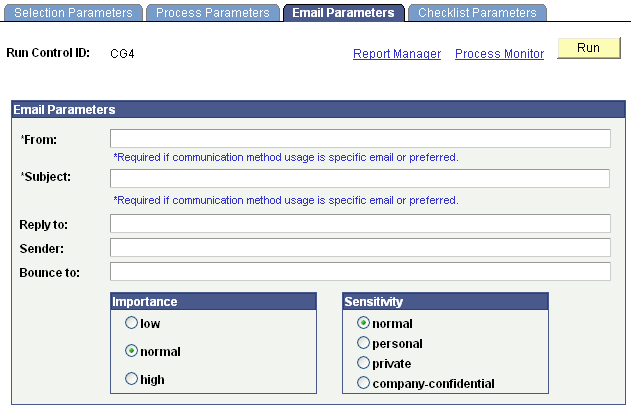 Email Parameters page