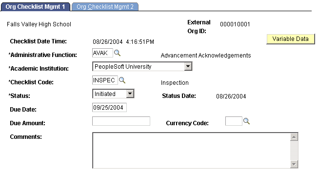 Org Checklist Mgmt 1 (organization checklist management) page