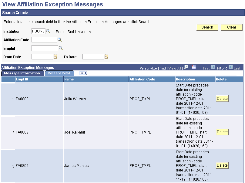 View Affiliation Exception Messages: Message Information tab