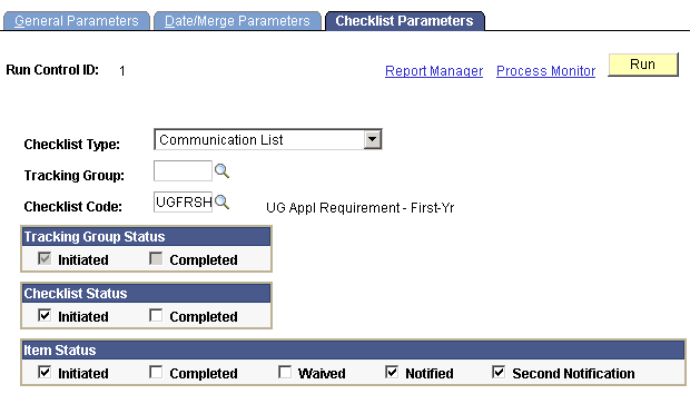 Checklist Parameters page