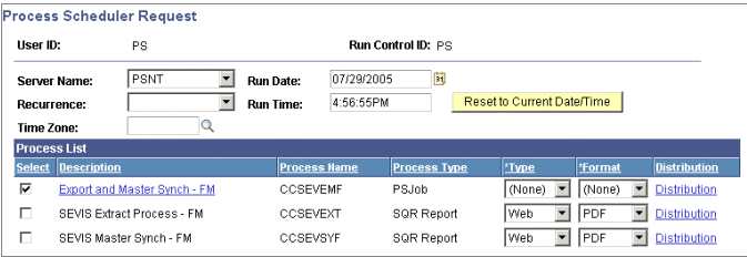 Example of the Process Scheduler Request page for the SEVIS Export process for F and M visas