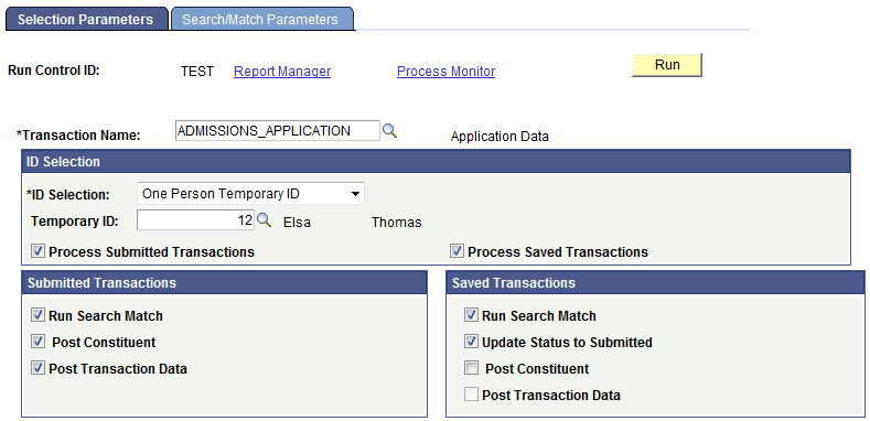 Selection Parameters page