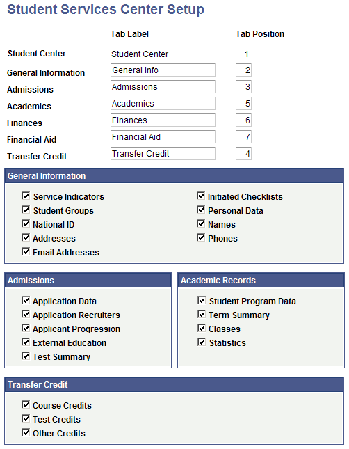 Student Services Center Setup page (1 of 2)