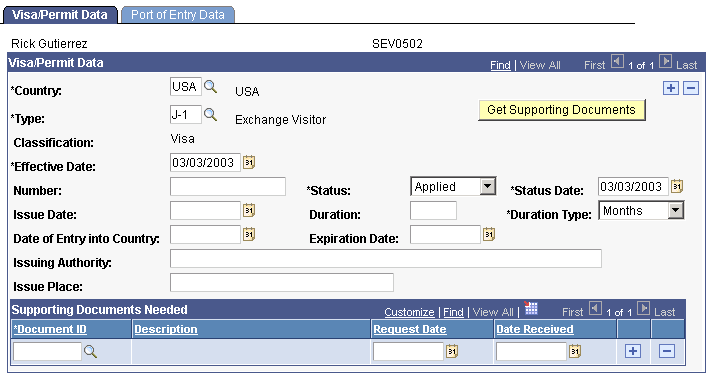 Visa/Permit Data page