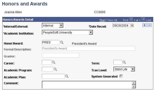 Honors and Awards page