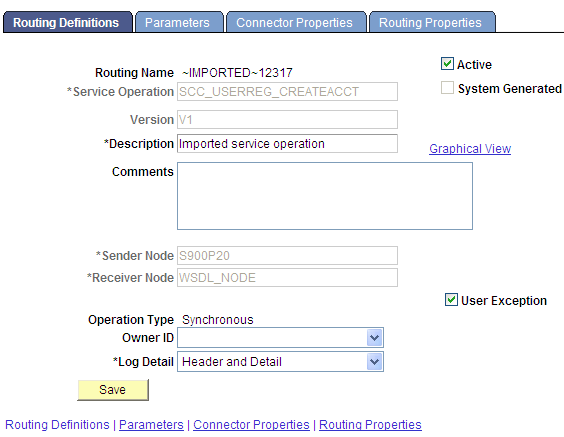 Routing Definitions page