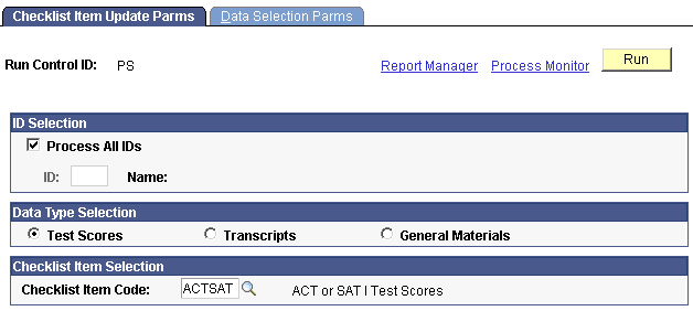 Checklist Item Update Parms (parameters) page