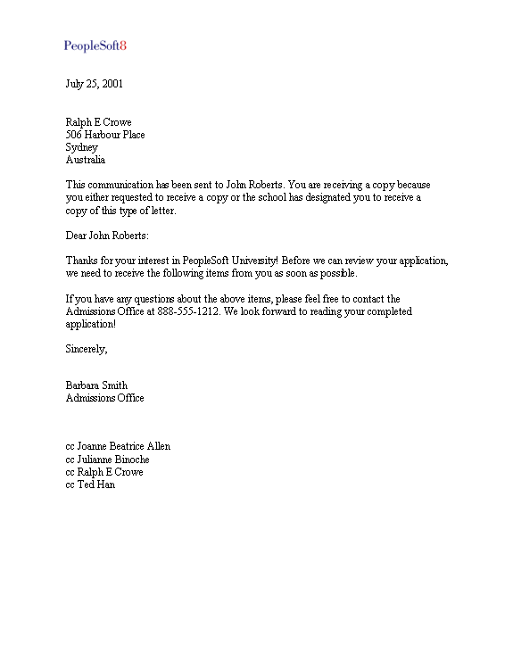 Example of the CCLTRREC.doc letter that is created for recipients set on the Communication Recipient page