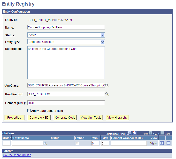 Configuration example of a child entity (CourseShoppingCartItem)